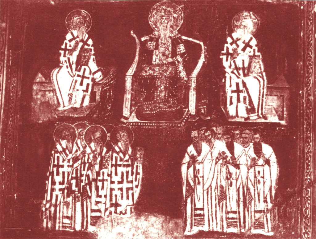 Nemanjin skup protiv Bogumila u Raškoj. Freska iz crkve Svetog Ahilija u Arilju, oko 1290. godine. Veliki župan Stefan Nemanja, koji predsedava skupom, naslikan je na sredini kompozicije. Sa njegove leve i desne strane se nalaze crkveni velikodostojnici. Levo dole se mogu naći predstavnici pravoslavnog sveštenstva – prepoznatljivi po oreolu, simbolu svetosti, oko glave. Desno dole se vide “poluvernici“ – Bogumili, koji su na skupštini osuđeni kao jeretici.