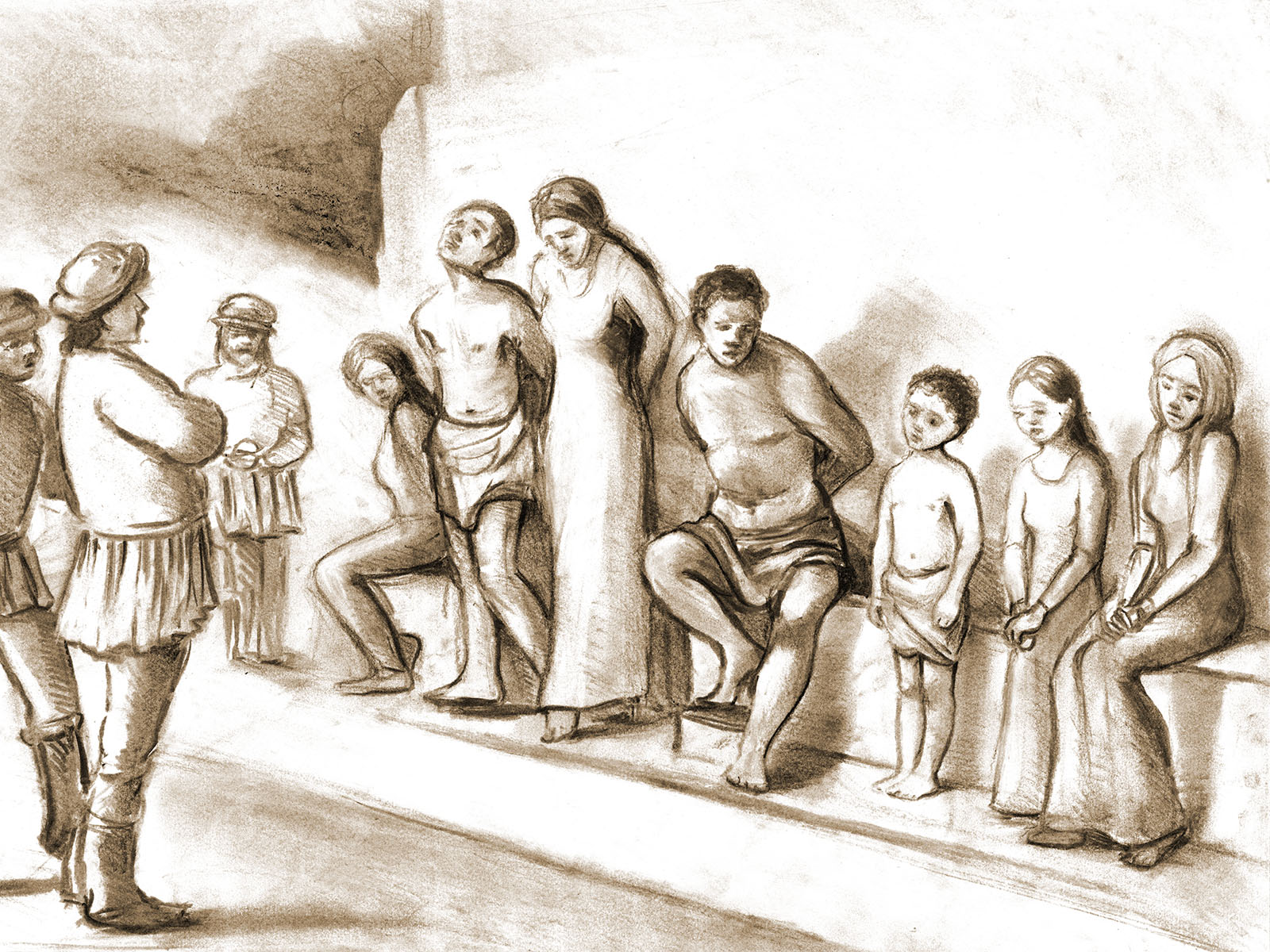 Frauen, Männer und Kinder auf einem Sklavenmarkt
