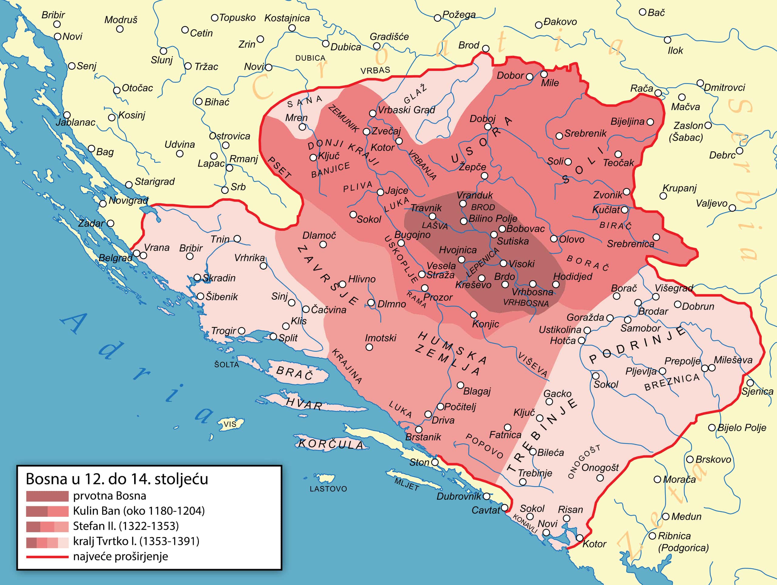 Širenje bosanskog kraljevstva od 12. do 14. veka, s Humom – "Humskom zemljom" – u sredini i susednom Zetskom kneževinom dole desno