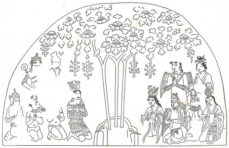 Manihejci obožavaju drvo života u carstvu svetlosti - mural u pećinama Bezeklik u Sinđangu, Kina.
